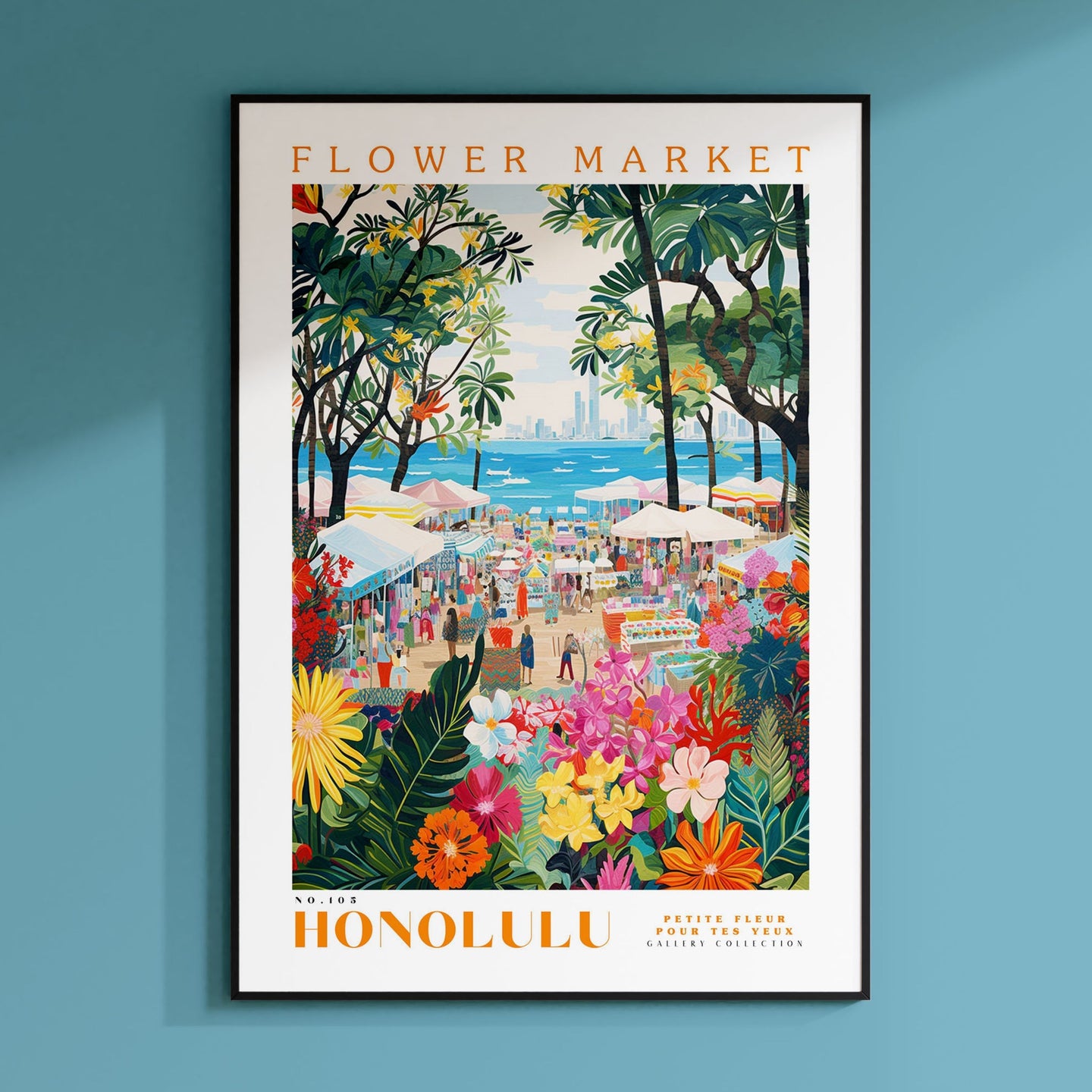 a poster of a flower market on a blue wall