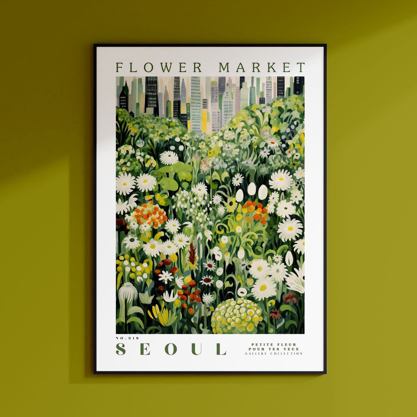 a green wall with a picture of a flower market