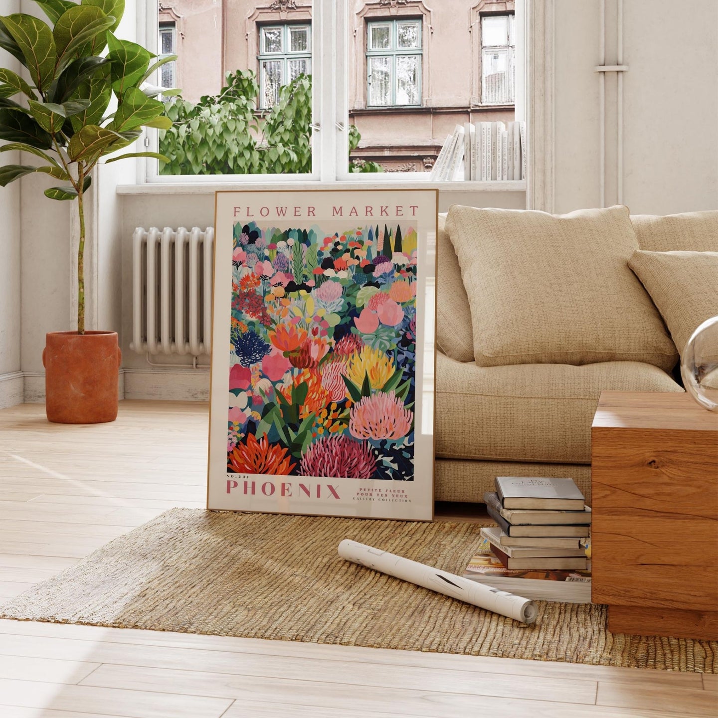 a living room with a couch and a poster