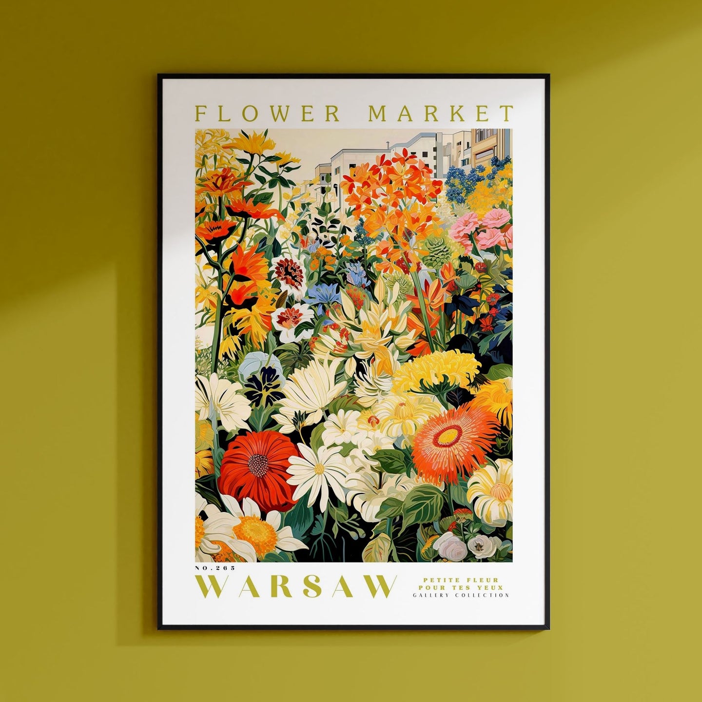 a flower market poster hangs on a wall