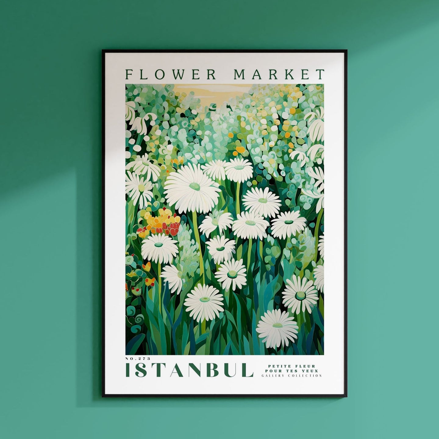 a picture of a flower market poster hanging on a wall