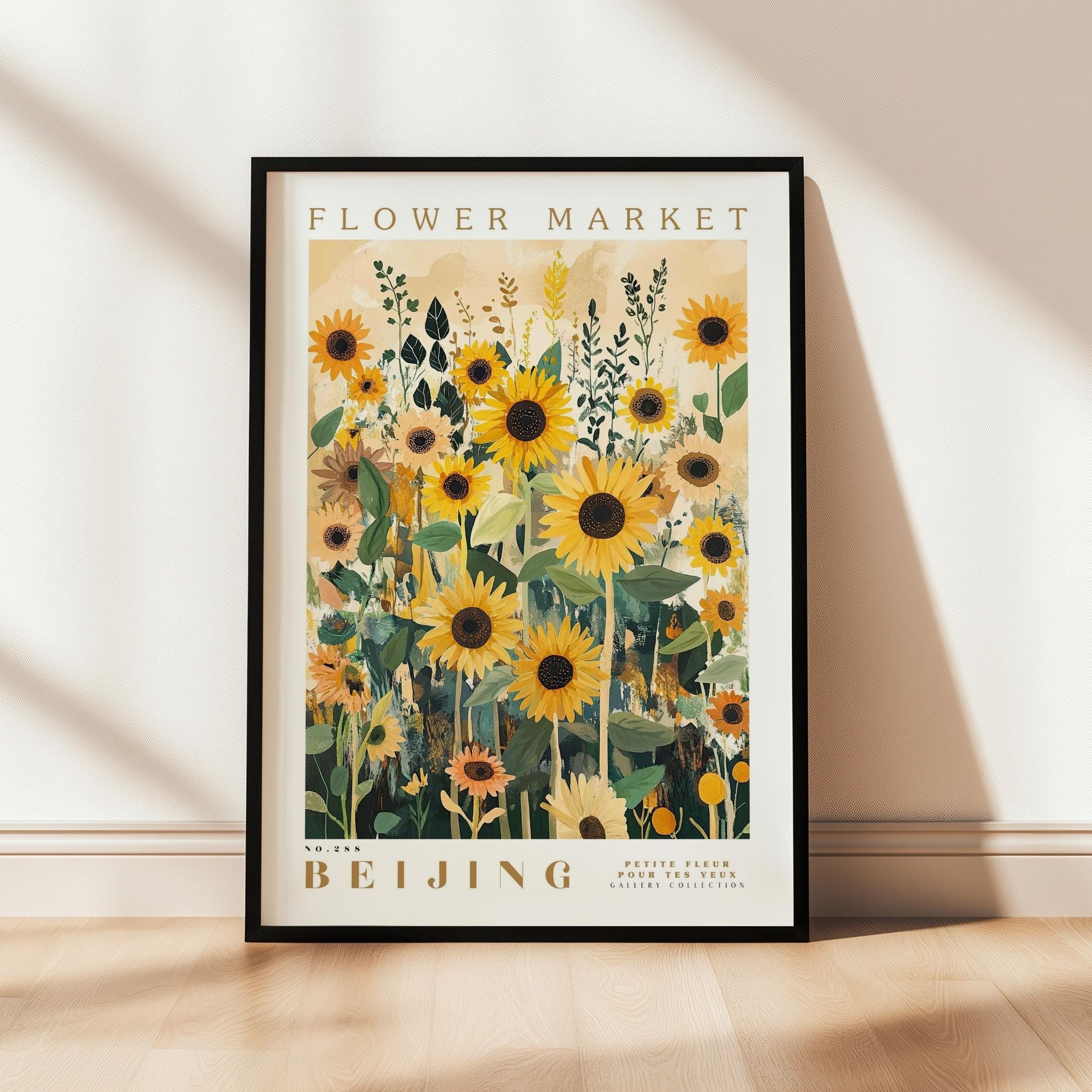 a poster of a field of sunflowers on a wall