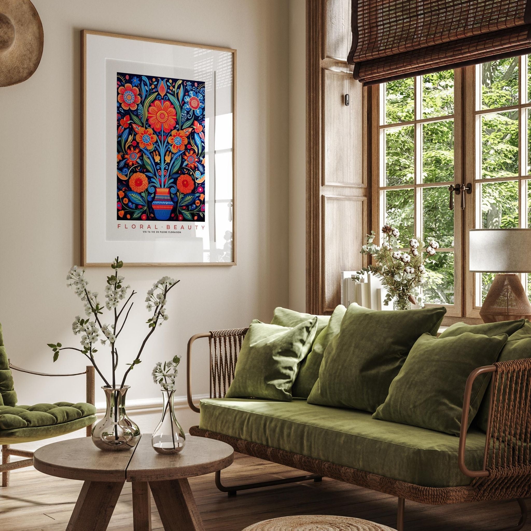 a living room filled with furniture and a painting on the wall