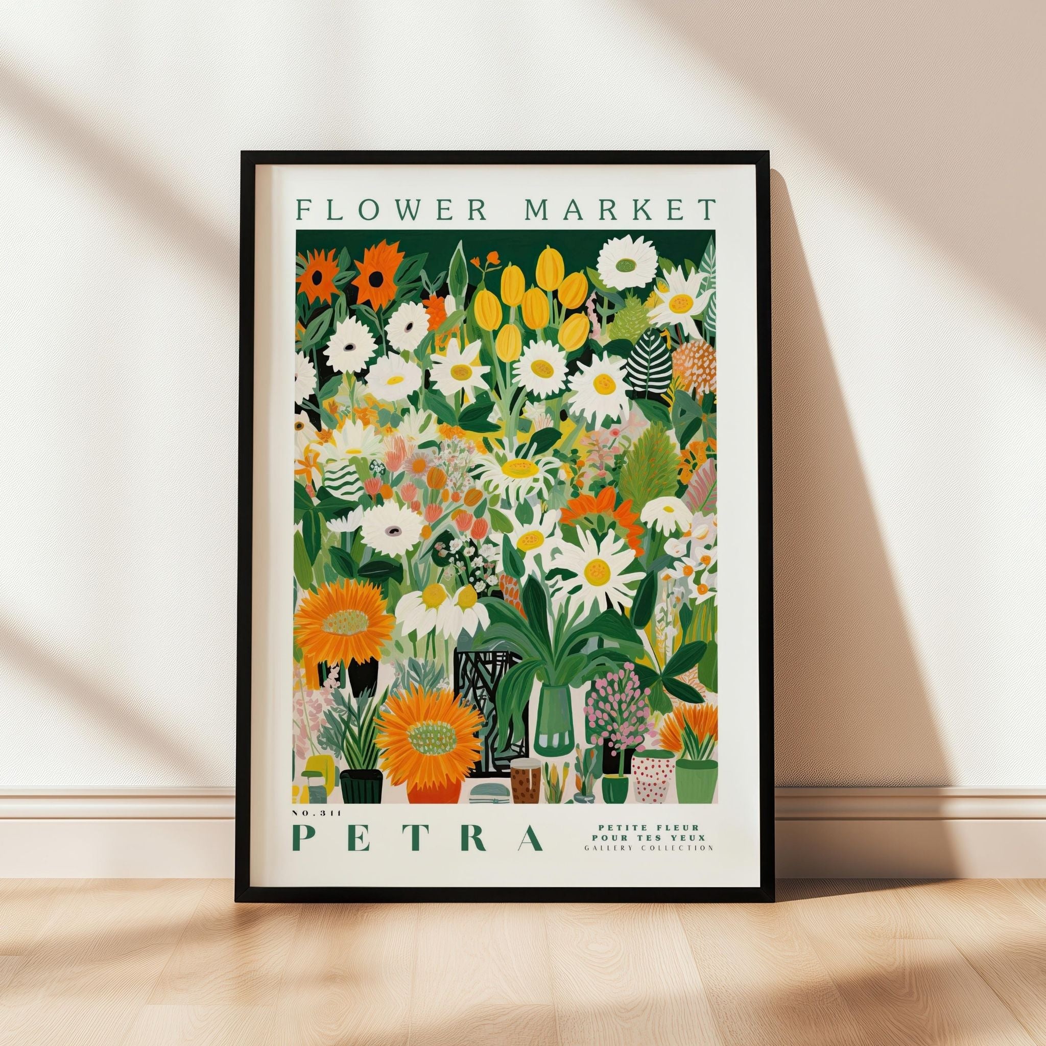 a picture of a flower market poster hanging on a wall