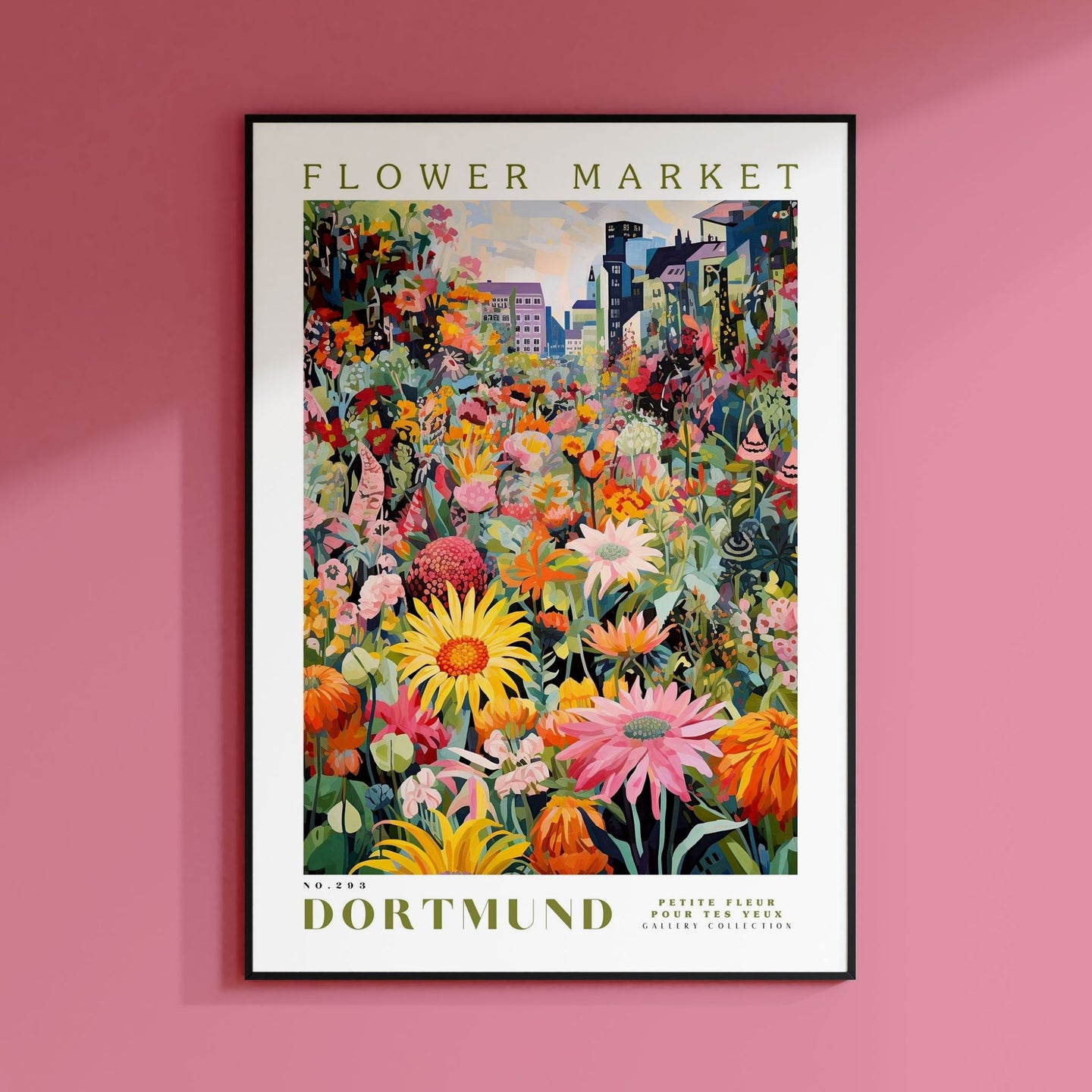 a picture of a flower market on a pink wall