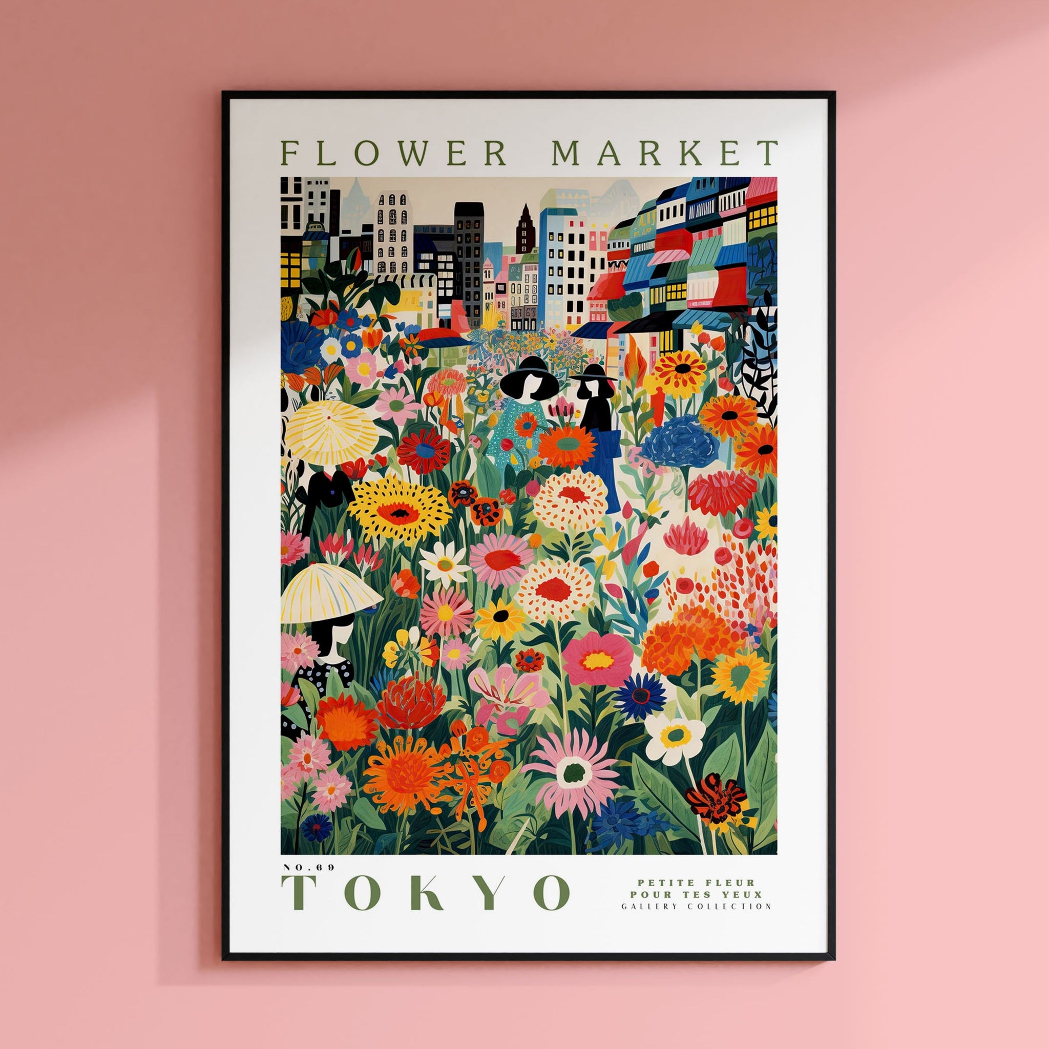 a flower market poster hangs on a pink wall