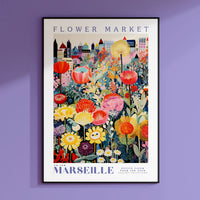 a flower market poster hangs on a purple wall