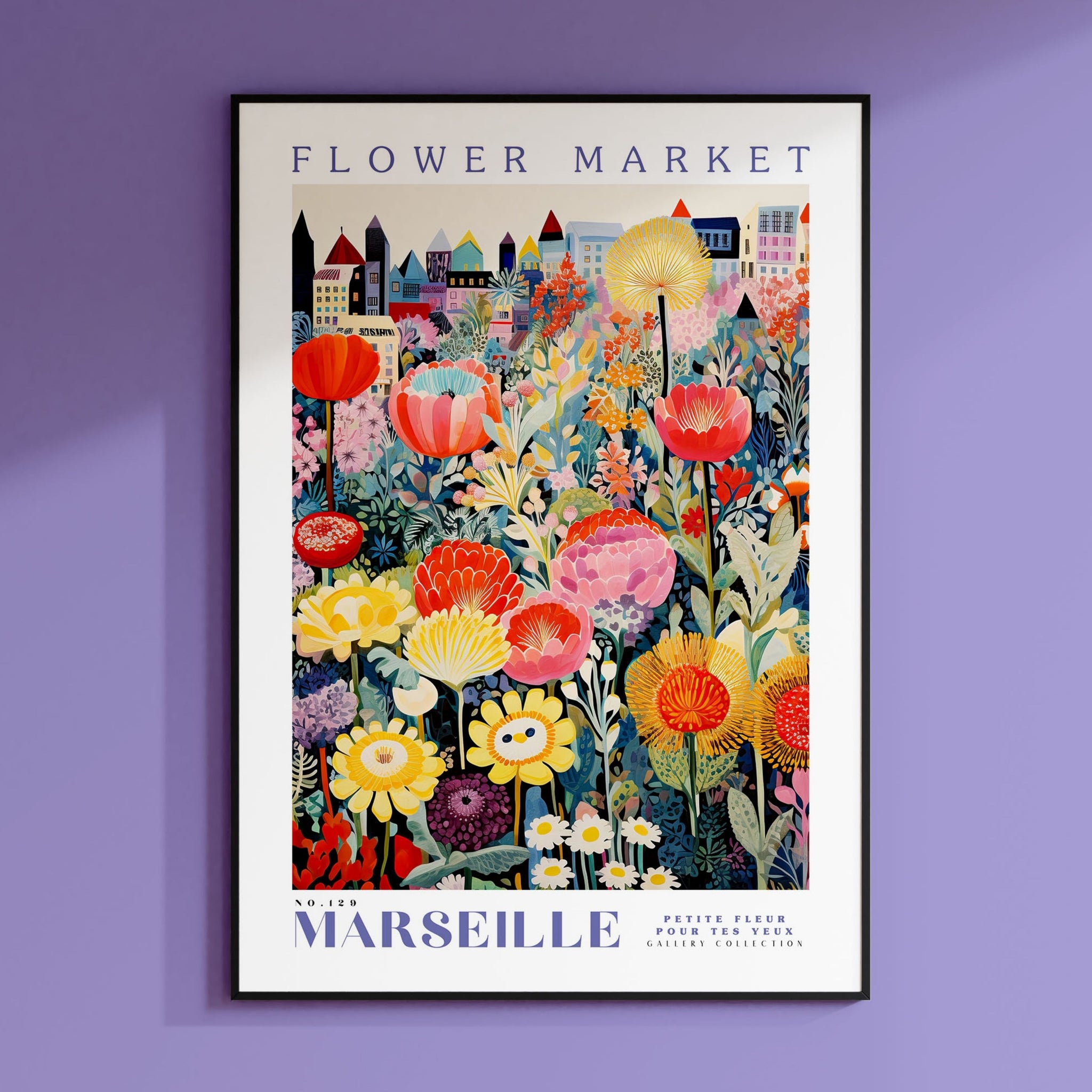 a flower market poster hangs on a purple wall