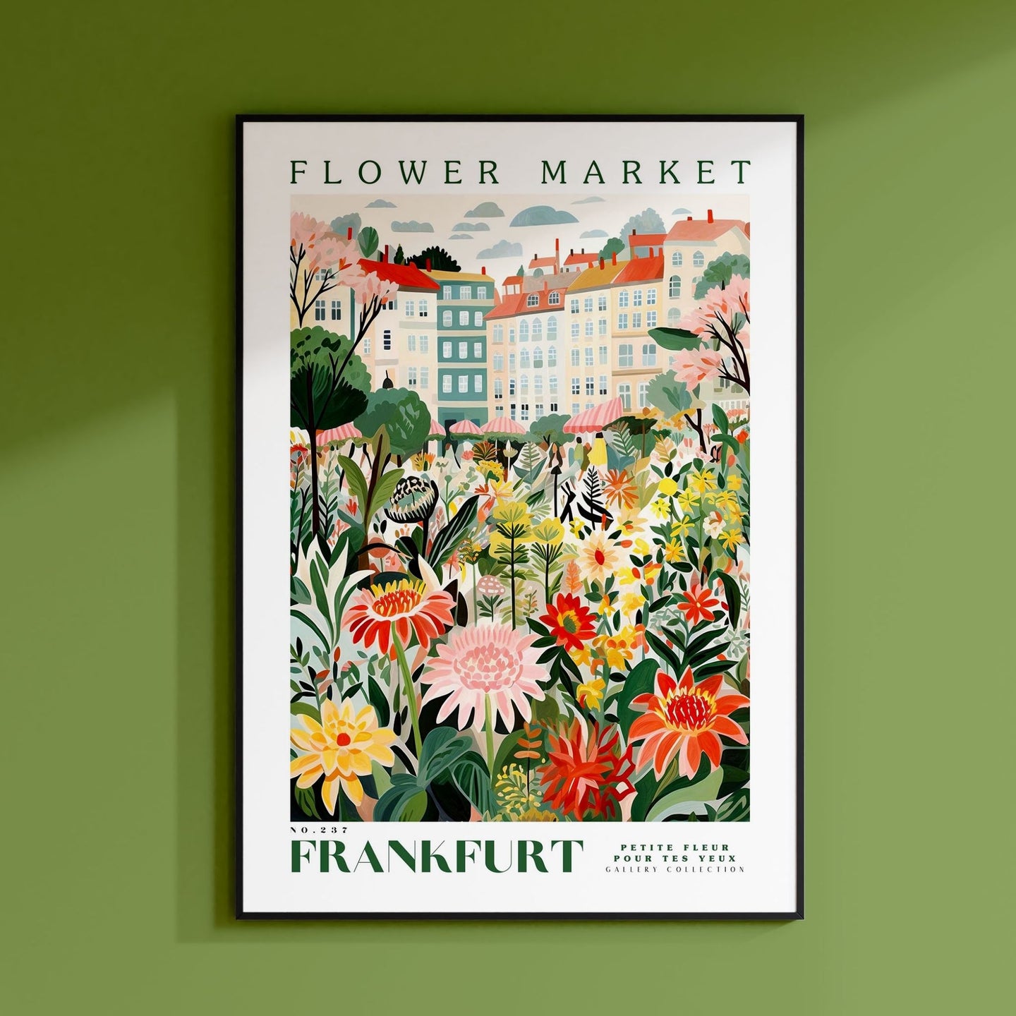 a green wall with a picture of a flower market