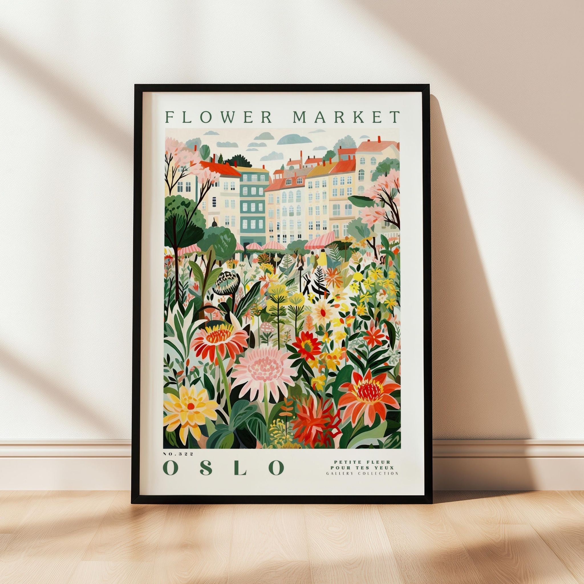 a flower market poster hanging on a wall