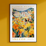 a yellow wall with a picture of a flower market