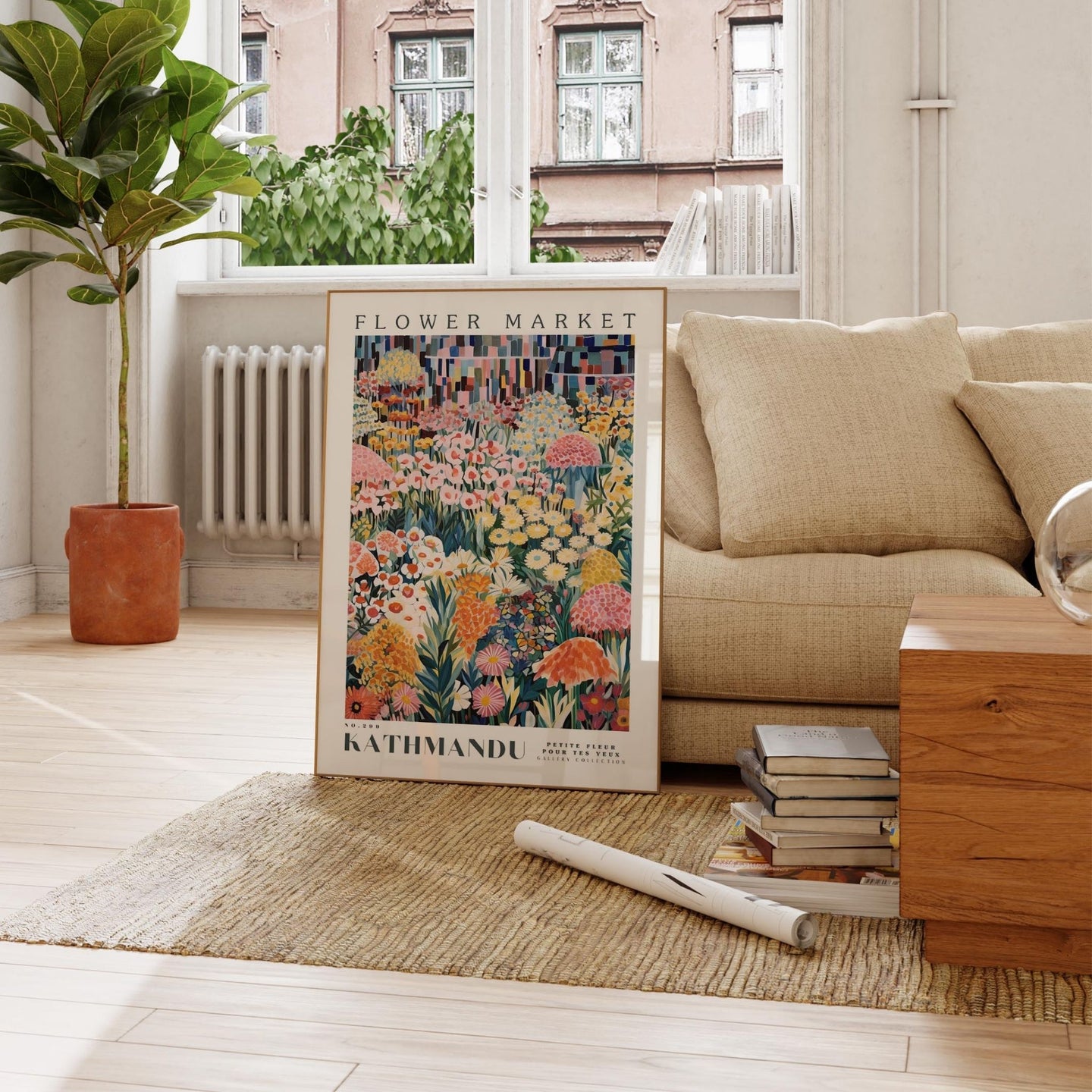 a living room filled with furniture and a painting on the wall