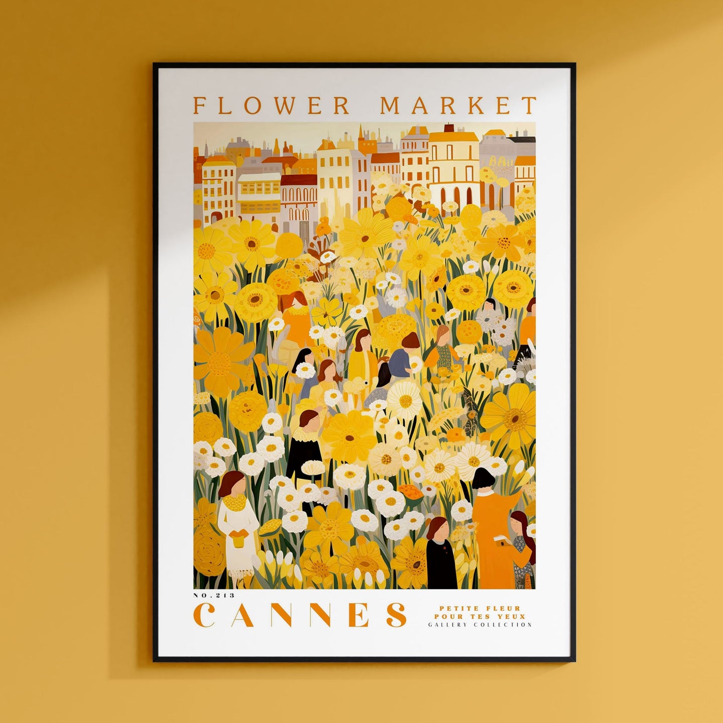 a yellow flower market poster hangs on a wall