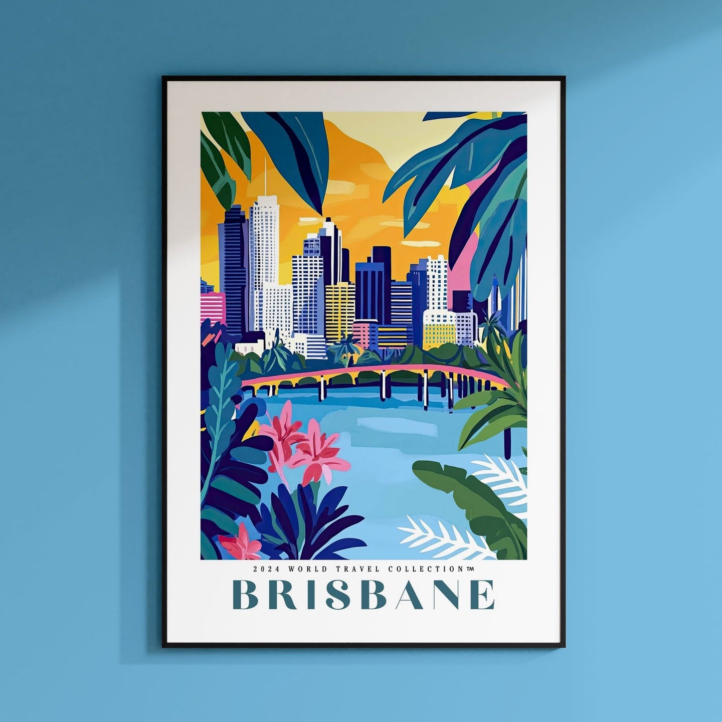 a poster of a city with a river and palm trees