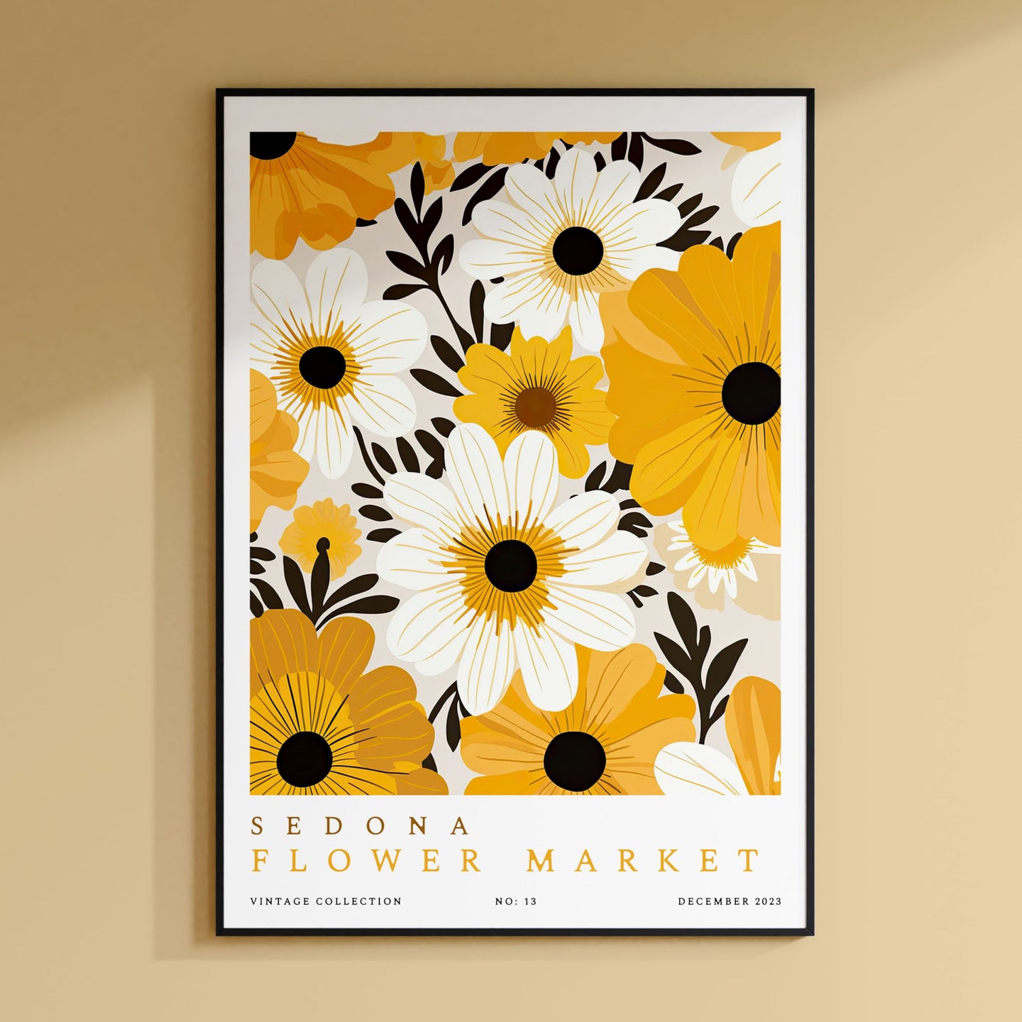 a yellow and white flower market poster hanging on a wall