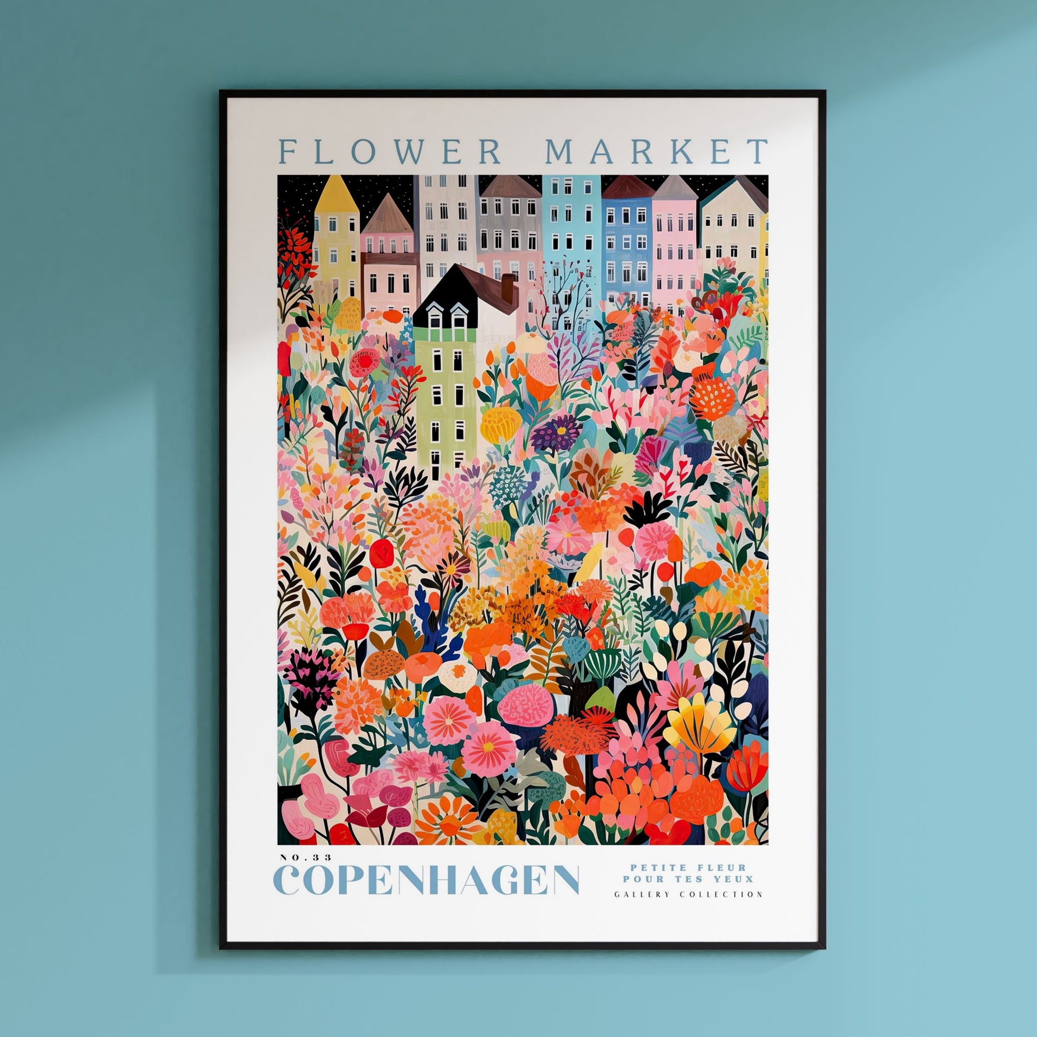 a flower market poster hanging on a wall