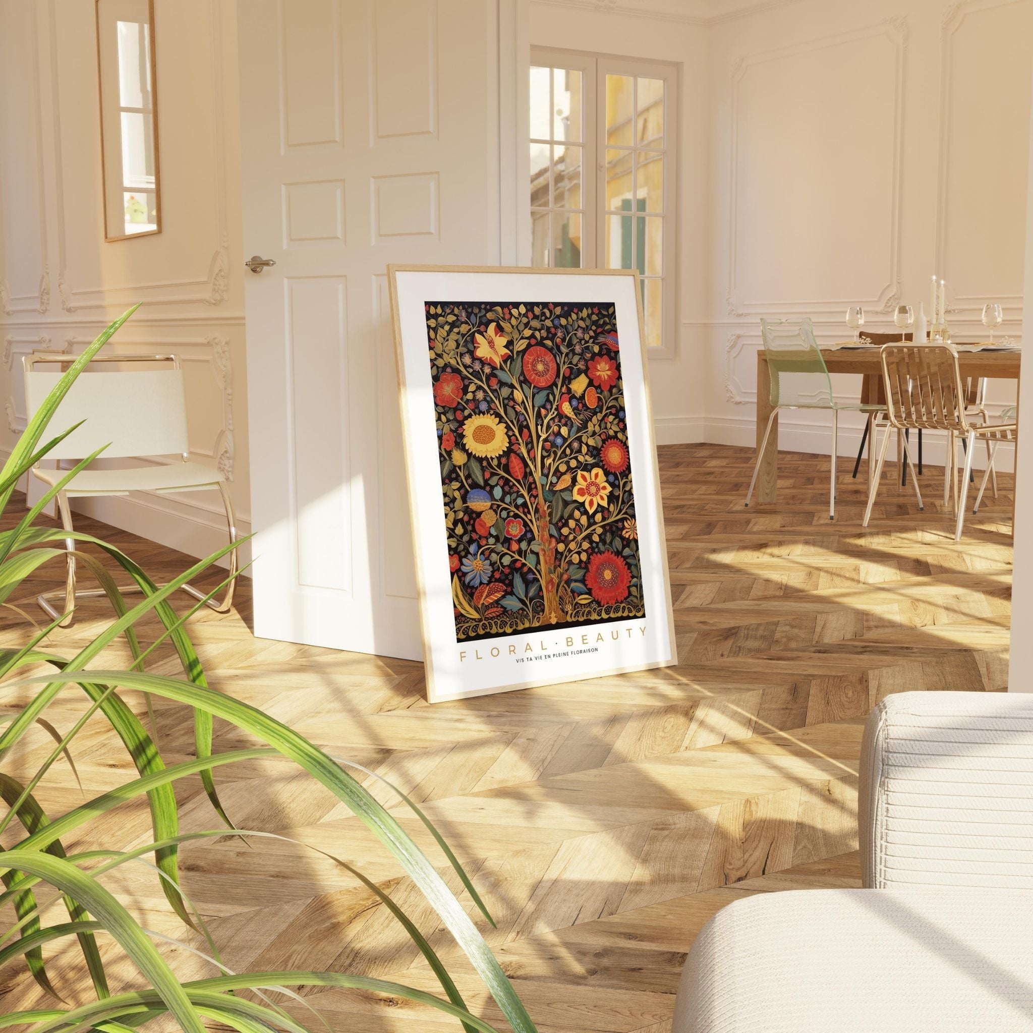 a picture of a tree in a room