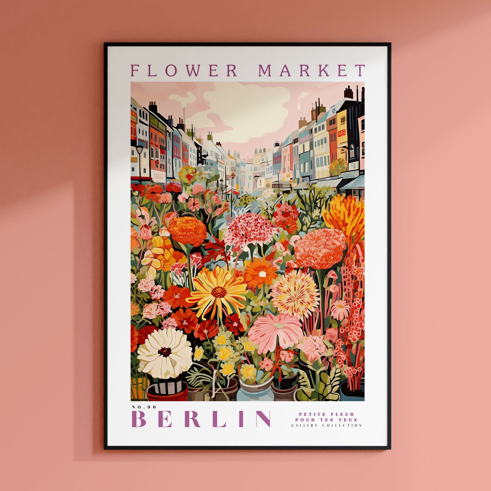 a flower market poster hangs on a pink wall