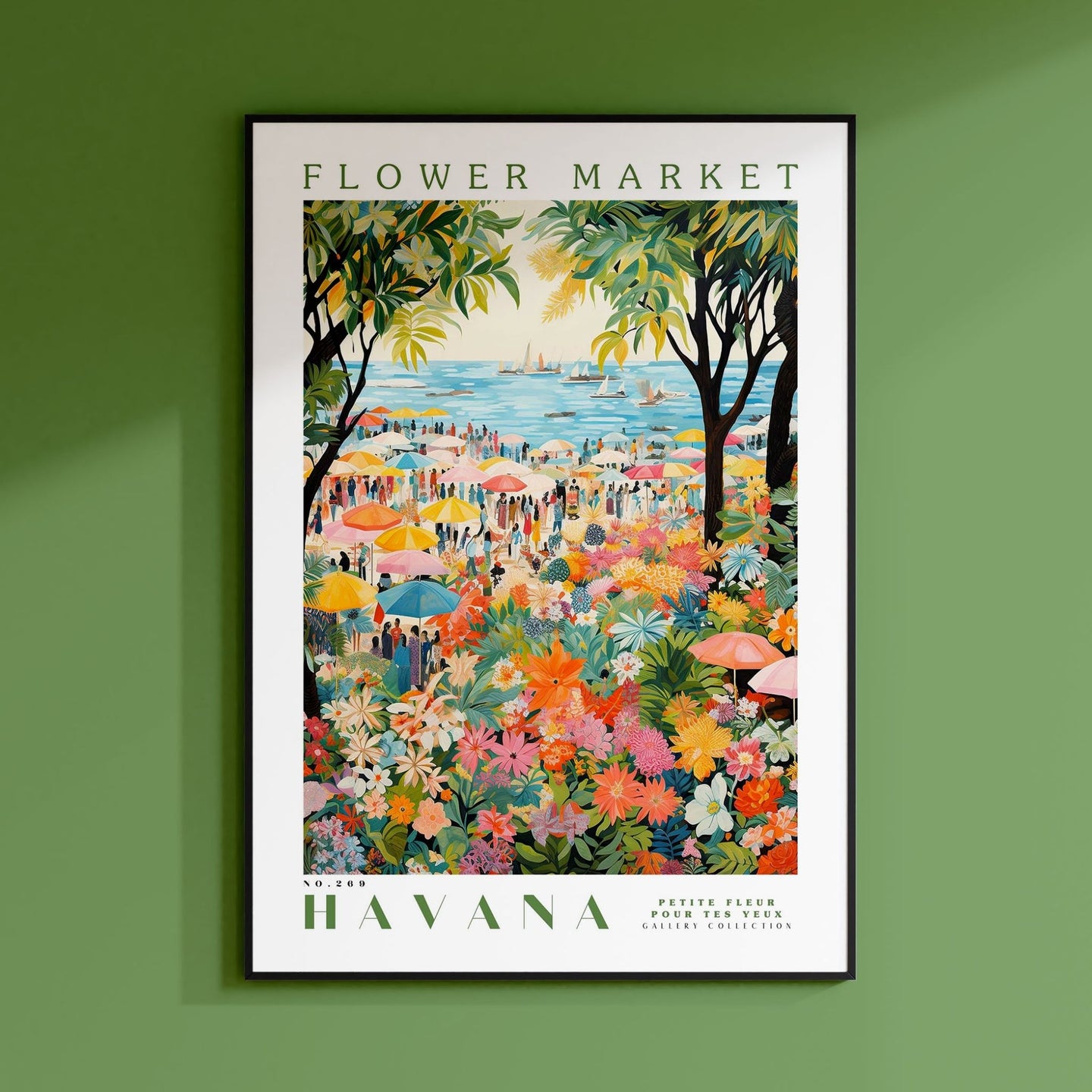 a picture of a flower market on a green wall