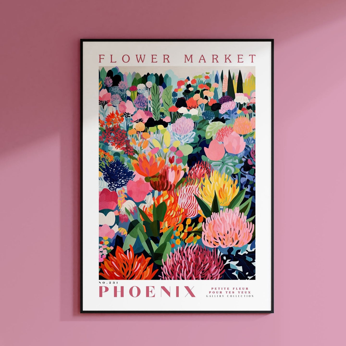 a flower market poster hanging on a pink wall