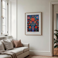 a living room with a couch and a painting on the wall