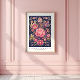 a pink room with a pink wall and a floral print on the wall