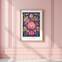 a pink room with a pink wall and a floral print on the wall