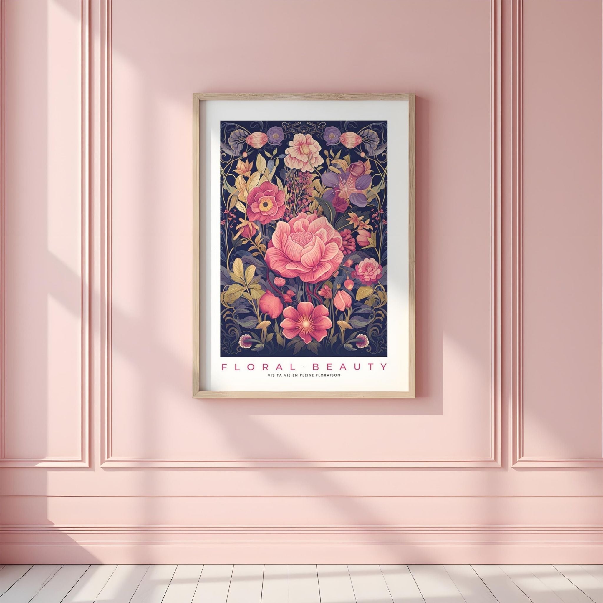 a pink room with a pink wall and a floral print on the wall