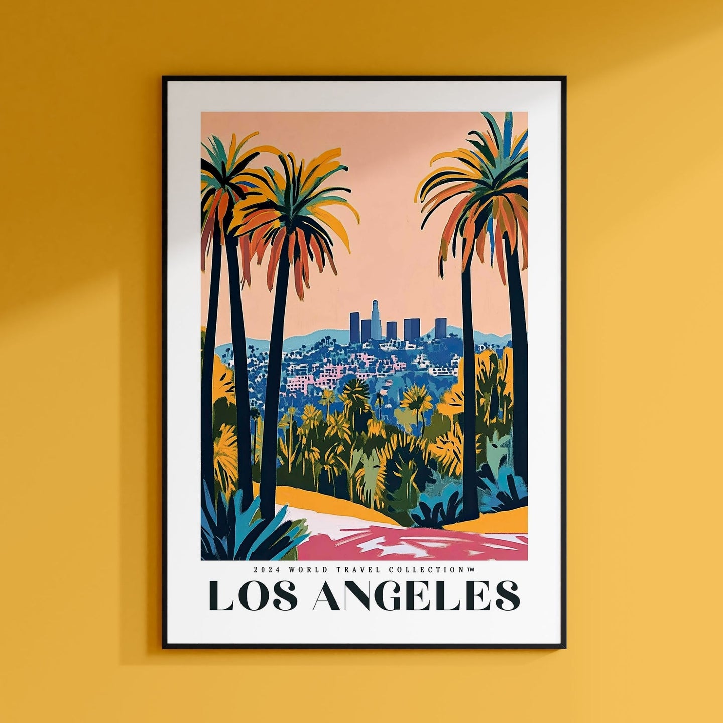 a poster of a city with palm trees