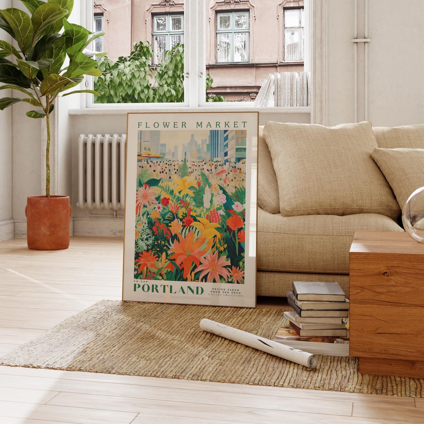 a living room with a couch and a poster on the floor
