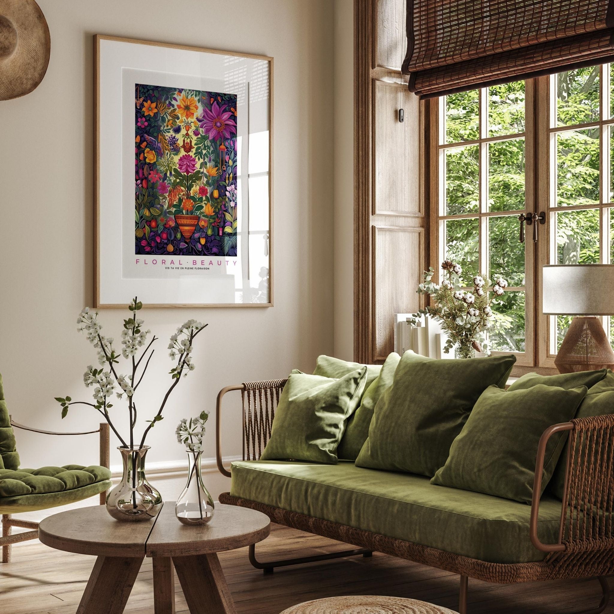 a living room filled with furniture and a painting on the wall