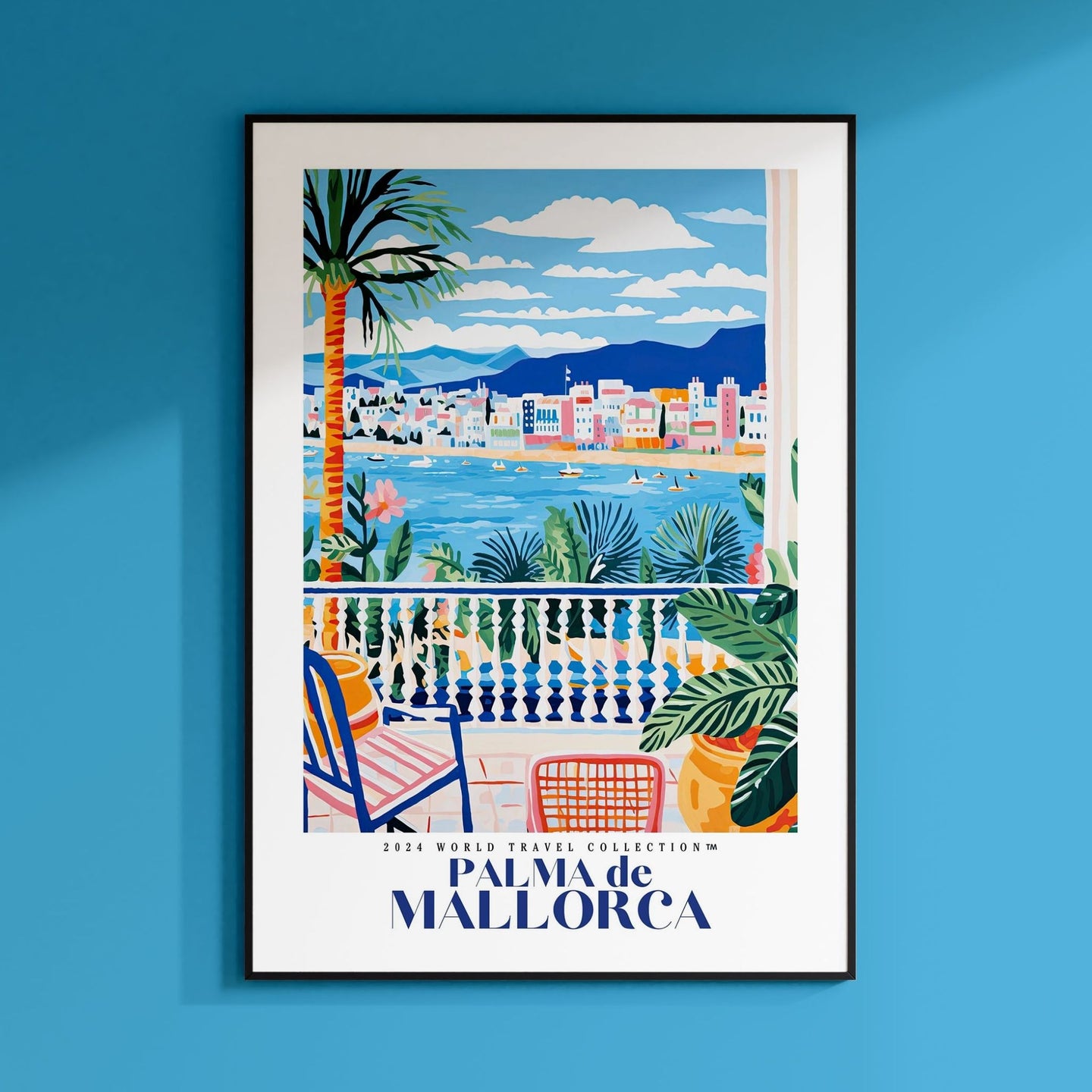a blue wall with a picture of a balcony