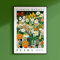 a green wall with a picture of a flower market