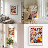 a living room filled with furniture and a flower market poster