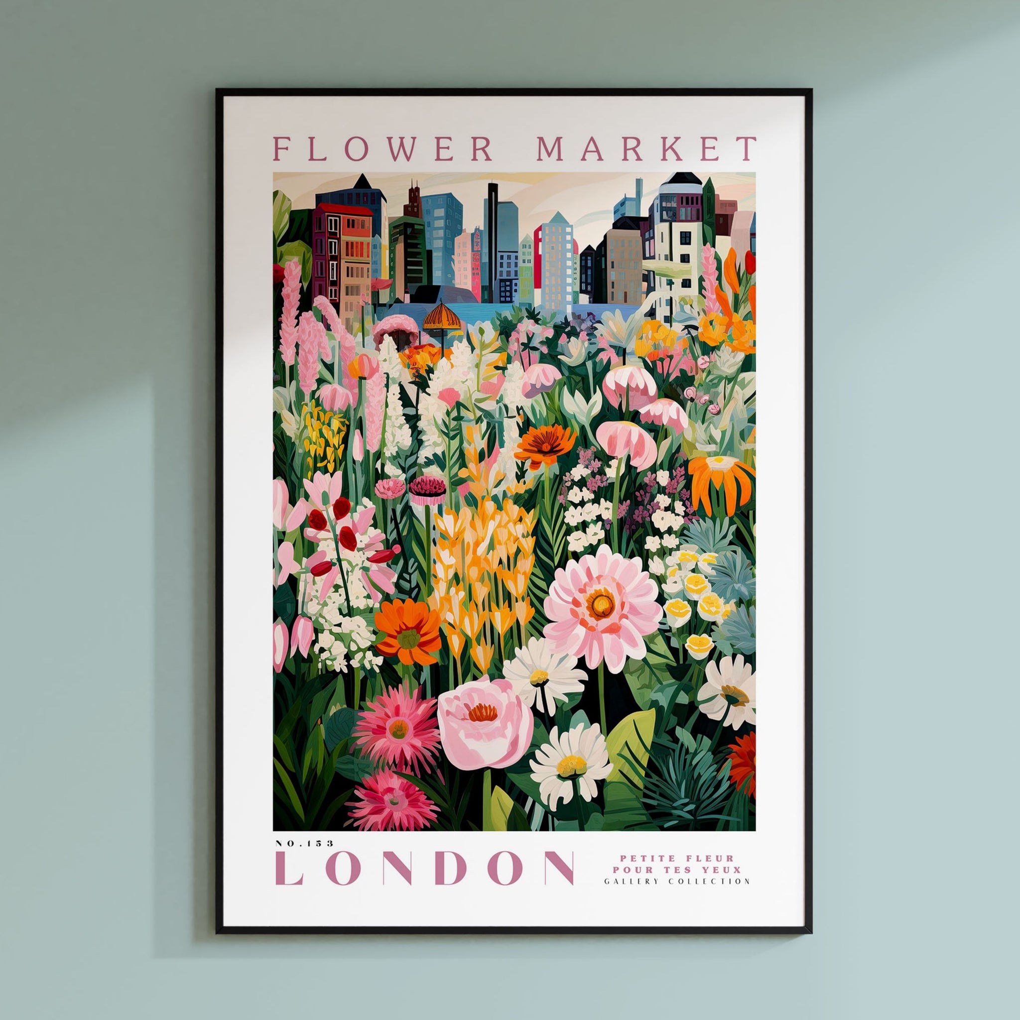 a flower market poster hangs on a wall