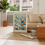 a living room with a couch and a poster on the floor