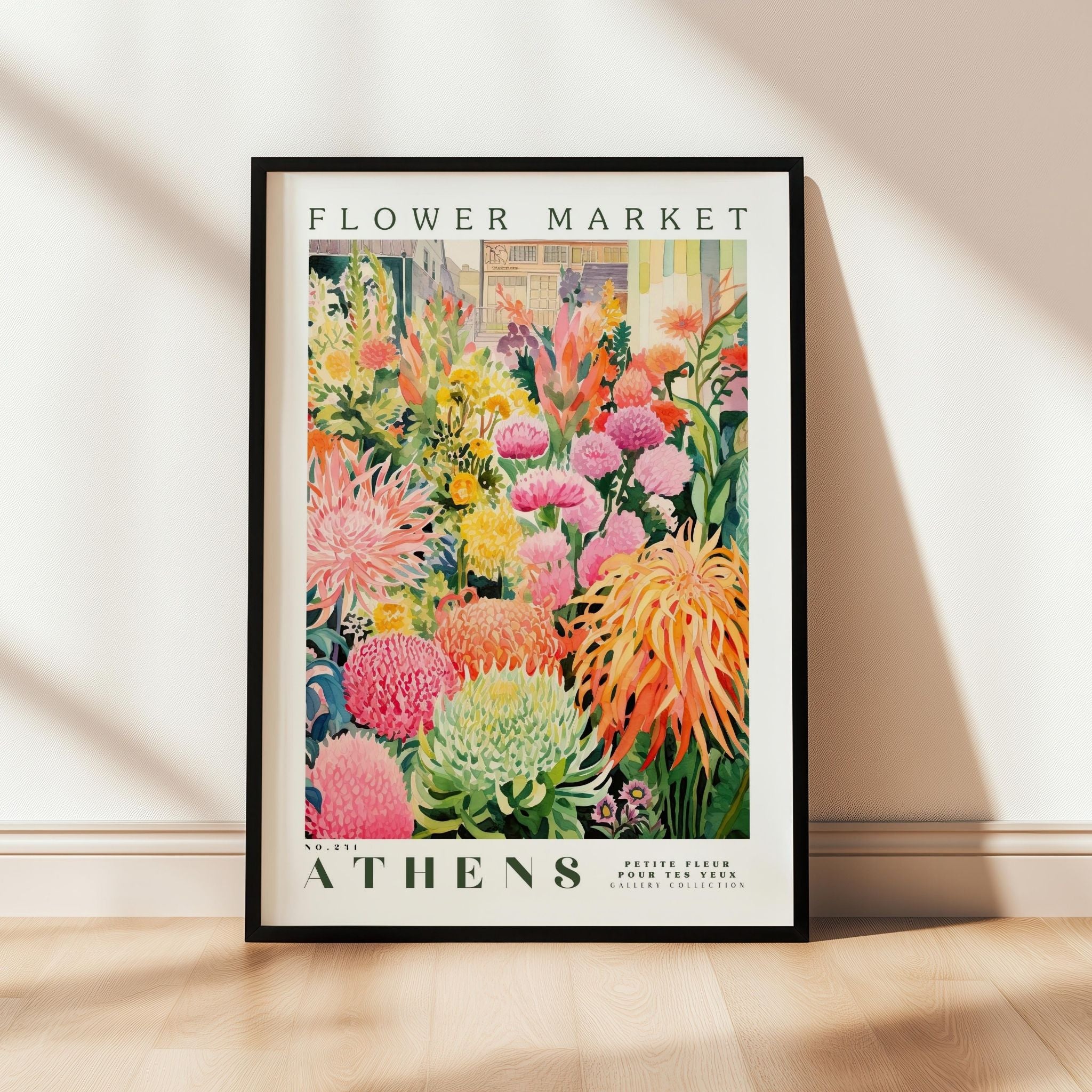 a flower market poster hanging on a wall