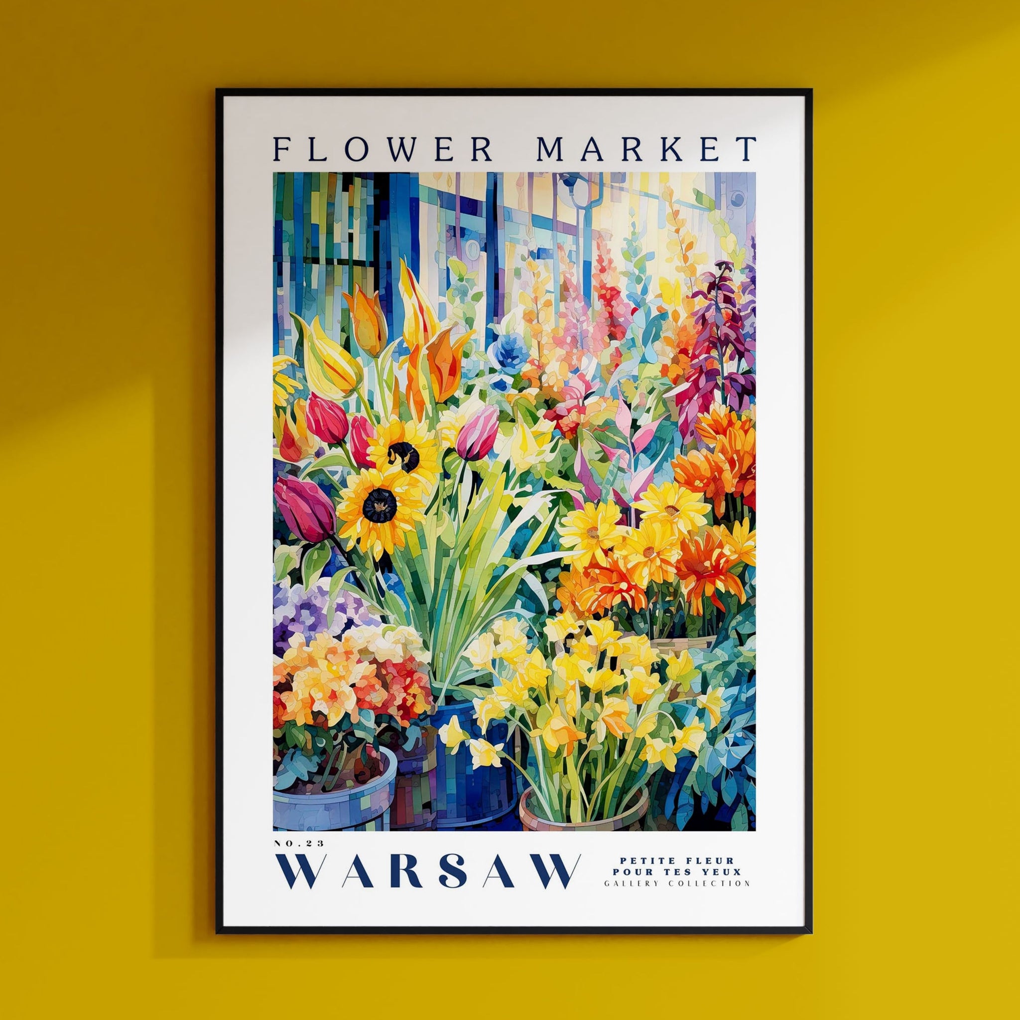 a painting of flowers on a yellow wall