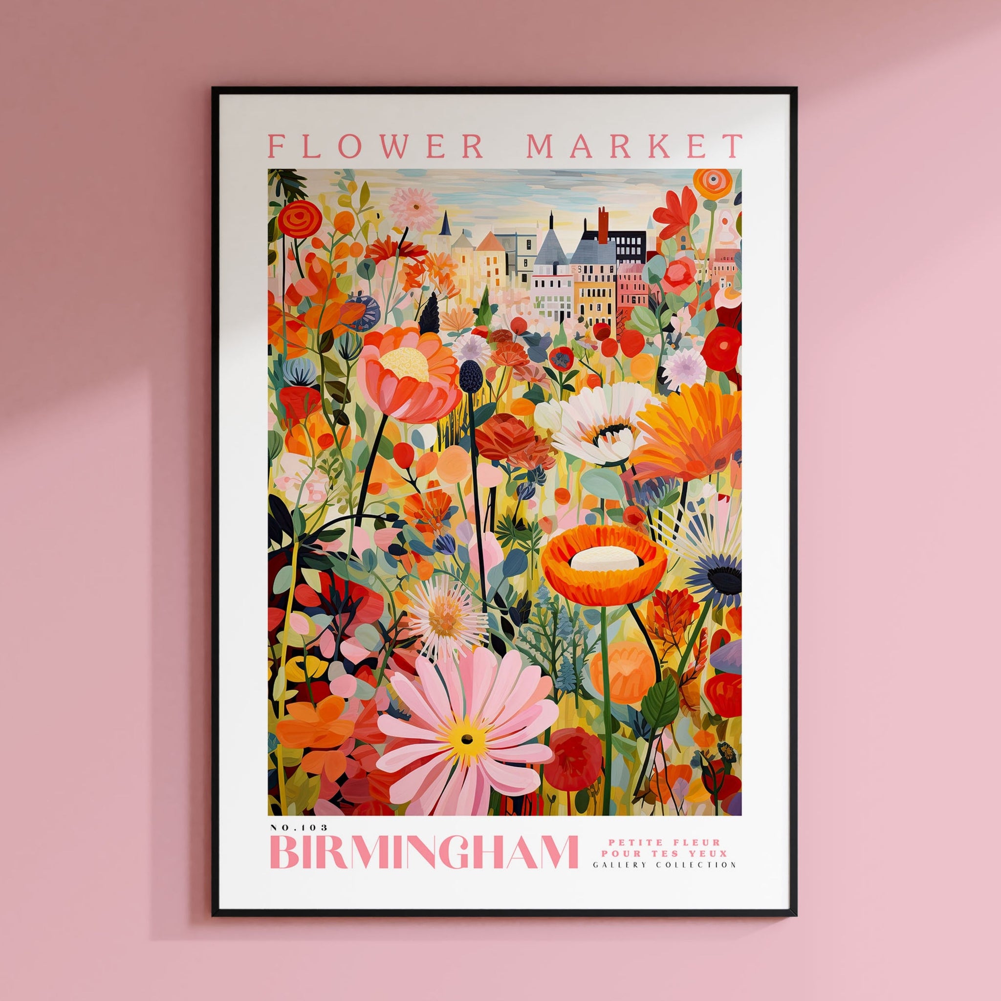 a flower market poster hangs on a pink wall