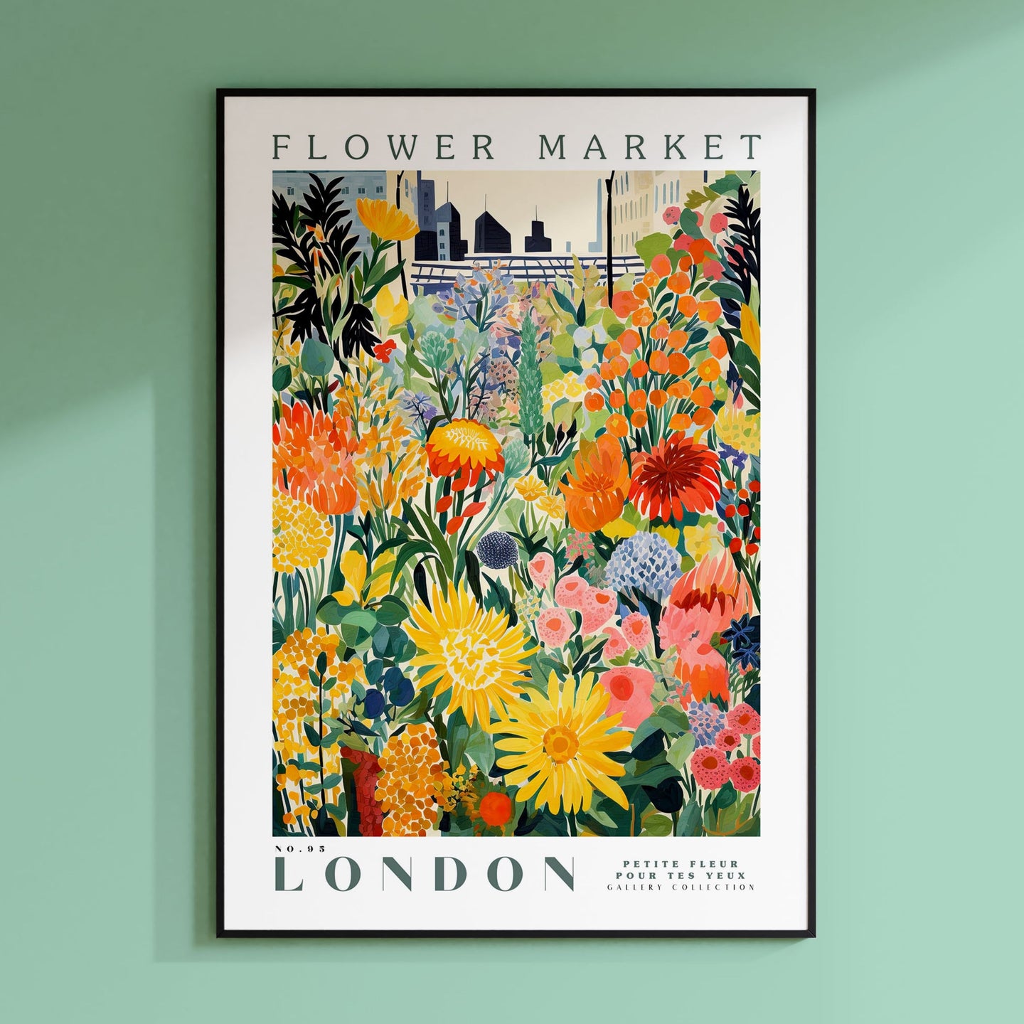 a flower market poster hangs on a wall