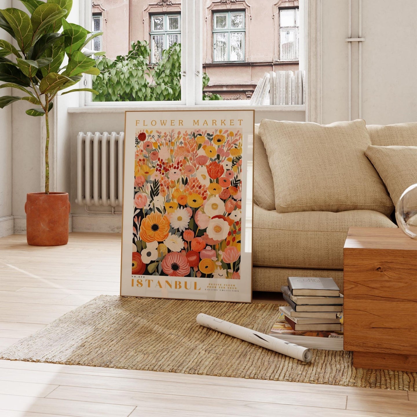 a living room filled with furniture and a painting