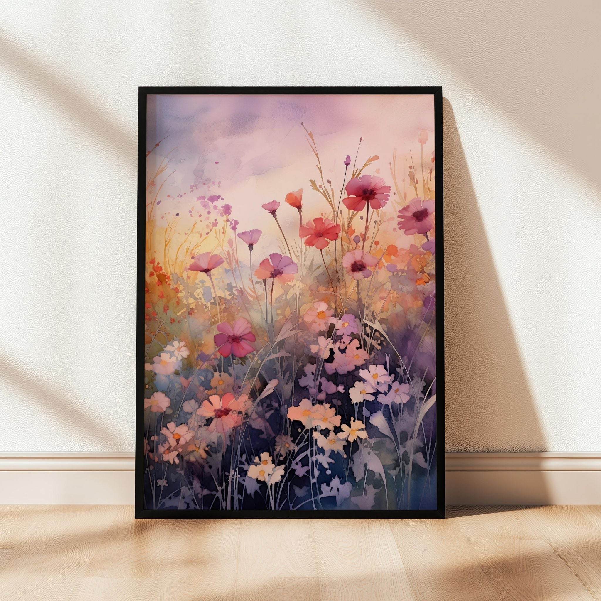 a painting of a field of flowers on a wall