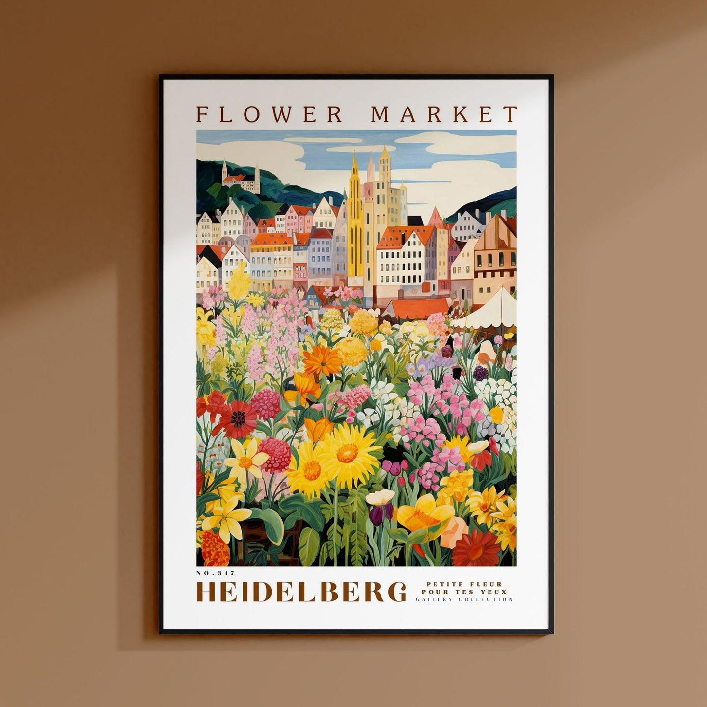 a flower market poster hangs on a wall