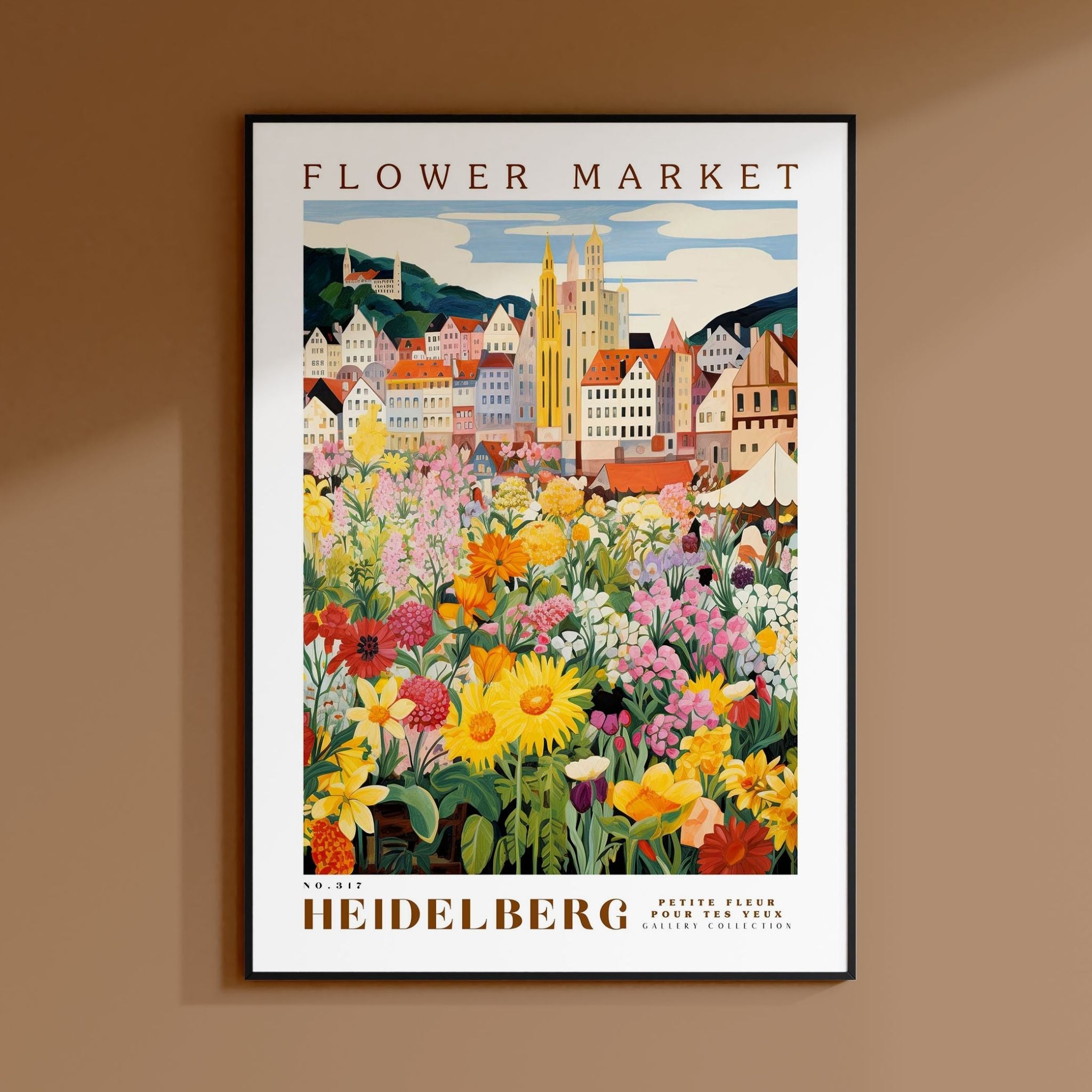 a flower market poster hangs on a wall