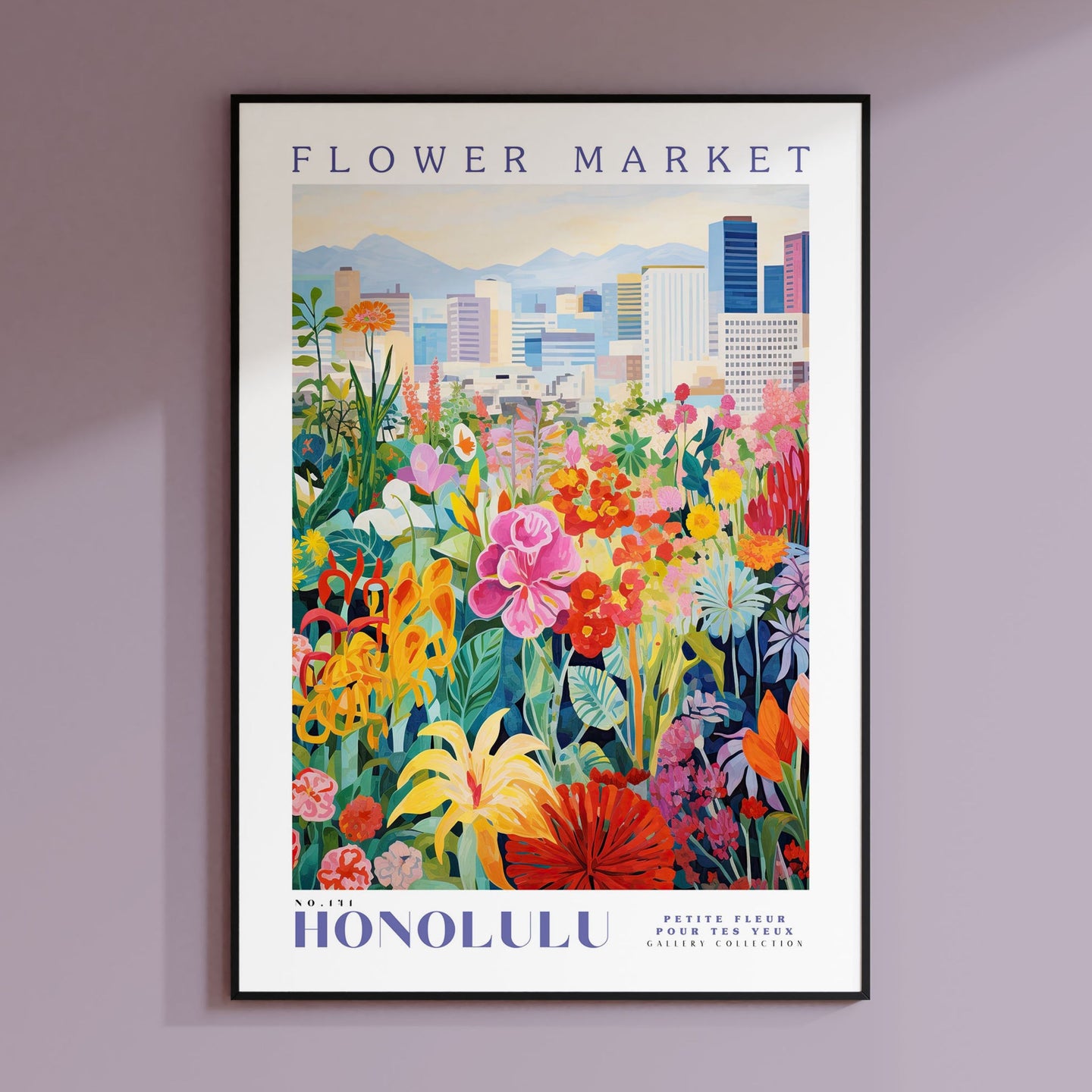 a flower market poster hangs on a wall