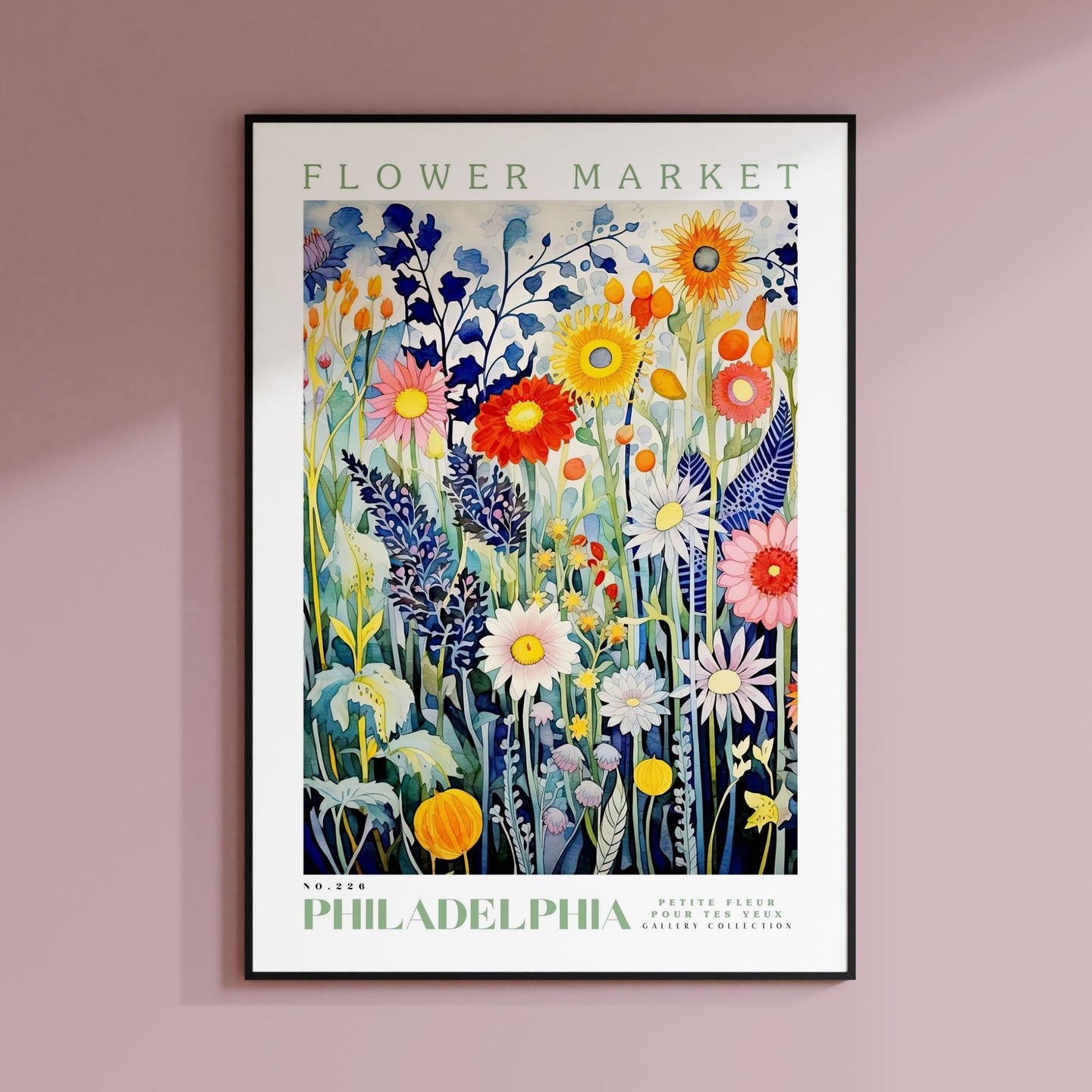 a painting of flowers on a pink wall