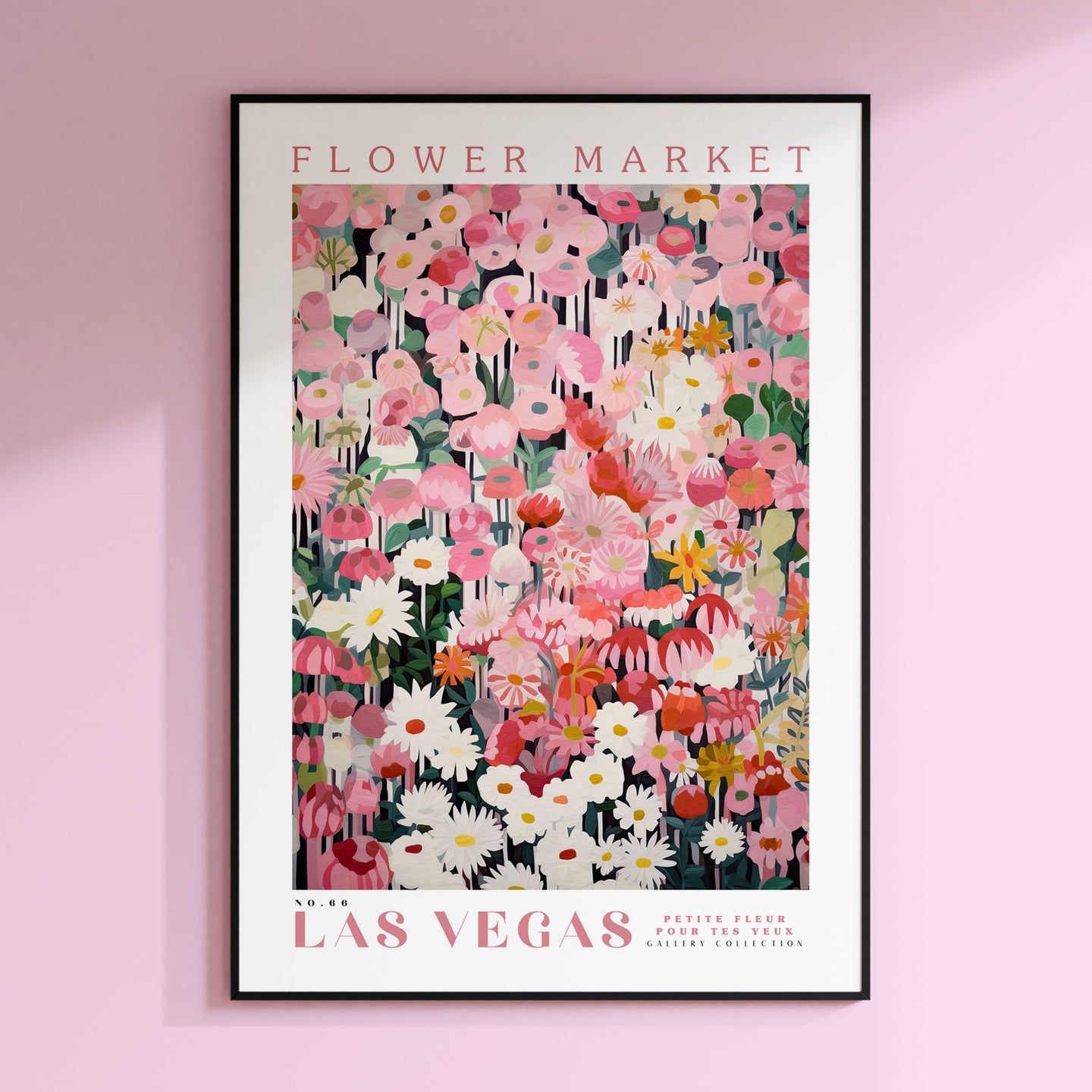 a pink flower market poster hangs on a pink wall