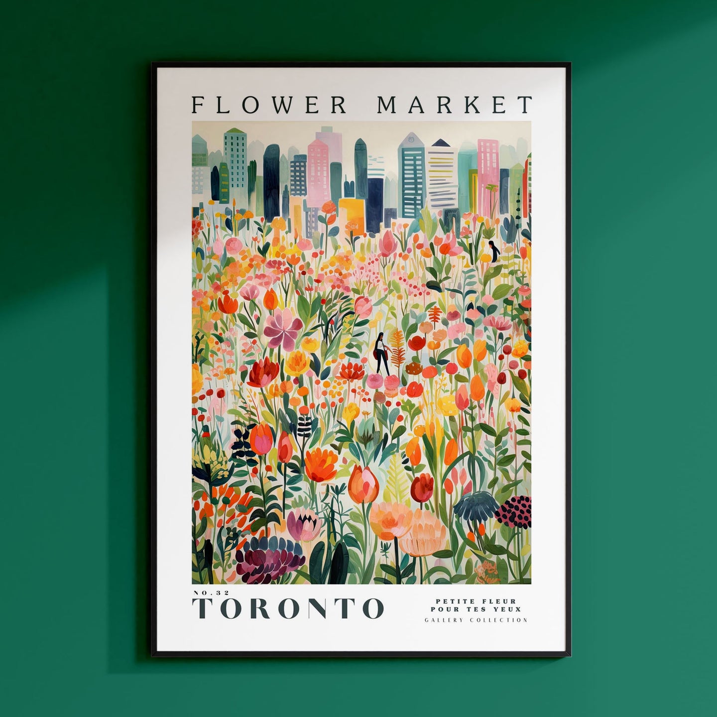 a flower market poster hangs on a green wall