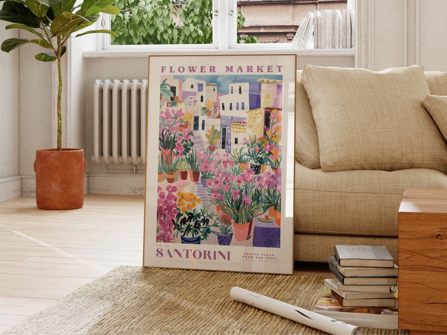 Santorini Flower Market Poster, Greece Travel Art, Large Modern Poster, Botanical Wall Art, Floral Decor Posters, Flower Garden Wall Art