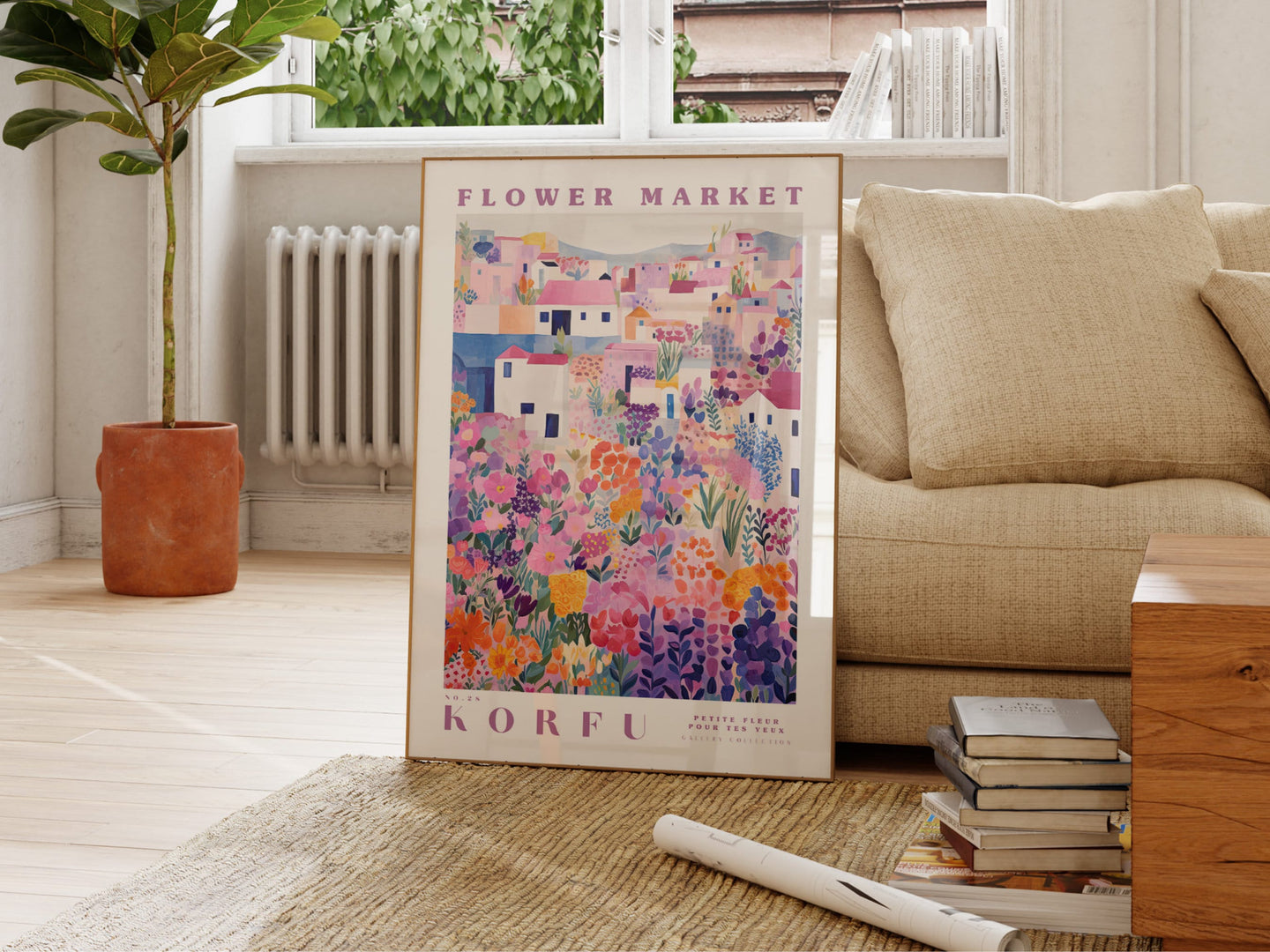 Korfu Flower Market Poster, GreeceTravel Art, Trendy Wall Art, Botanical Wall Art, Floral Decor Posters, Purpleand Pink Flower Art, 70x100